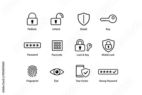 Security icons set: lock, shield, key, password, two-factor authentication