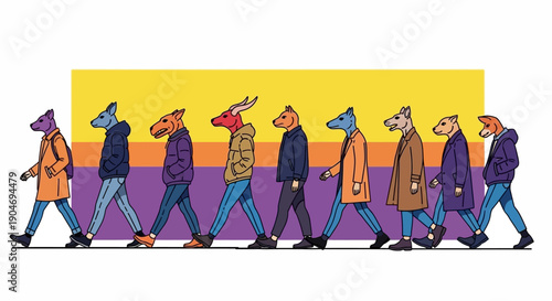 Whimsical Animal-Headed Figures in Stylish Coats Walking in Succession
