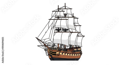 Vintage Tall Ship with Full Sails, Detailed Vector Illustration on White Background