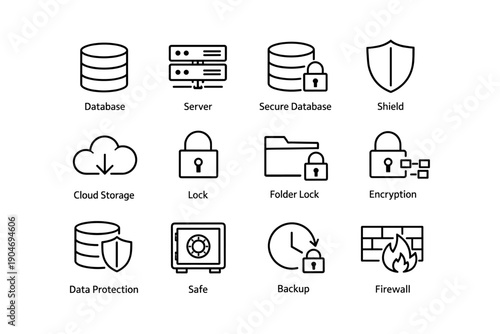 Cybersecurity and data protection icon set featuring locks and shields