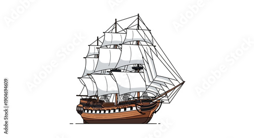 Vintage Wooden Sailing Ship with Full Sails, Old Naval Vessel Illustration