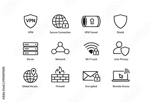Vpn and cybersecurity icons featuring shield, firewall, network, and encryption symbols