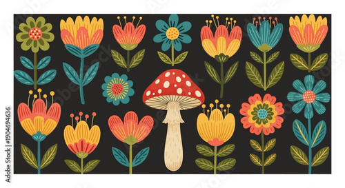 Whimsical Folk Art Floral Vector Pattern with Mushroom and Flowers
