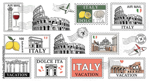 Vintage Italian Vacation Stamp Collection Featuring Iconic Landmarks and Symbols of Italy
