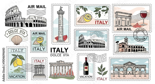 Vintage Italian Vacation Stamps Featuring Landmarks and Symbols of Italy