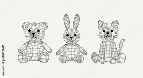 Wireframe 3D Models of Cute Teddy Bear, Bunny Rabbit, and Cat Toys