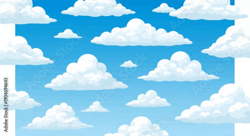 Bright Blue Sky with Fluffy White Cumulus Clouds in a Whimsical Cartoon Style