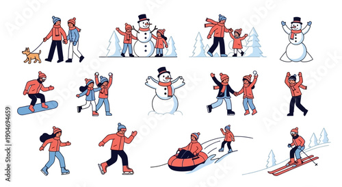 Winter Fun Activities Collection: Snowboarding, Skiing, Skating, and Snowman Building