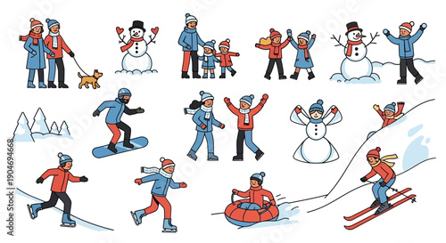 Diverse Group of People Enjoying Winter Activities in Snow with Snowmen and Trees