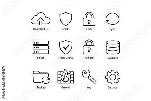 Data security icons set featuring cloud backup and firewall symbols