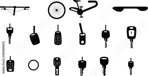Transportation and security icon set with bicycle parts, skateboard, drone and car key silhouettes isolated on white background vector collection