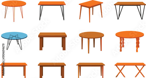 Table Furniture Vector Illustration Set with Wooden Dining, Coffee, and Side Tables for Interior Design, Home Decor, UI Icons, and Room Layout Projects