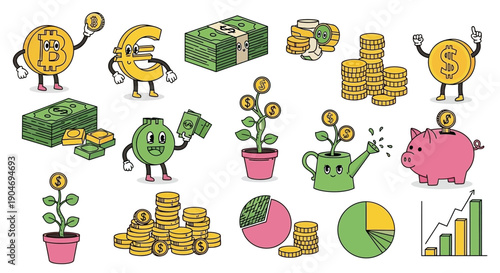 Whimsical Characters Representing Financial Growth, Investments, and Savings