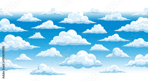 Seamless Sky Background with Fluffy White Cumulus Clouds in Cartoon Style