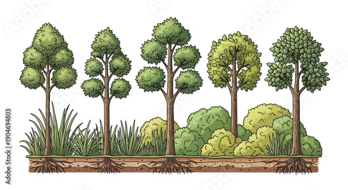 Diverse Woodland Ecosystem with Various Trees and Root Systems on White