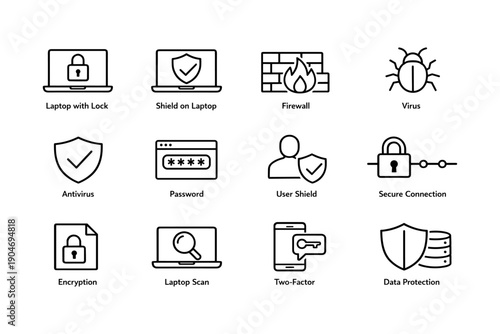 Cybersecurity icons: laptop lock, firewall, virus, antivirus, encryption