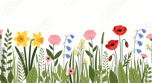 Vibrant Spring Wildflower Meadow Border with Daffodils, Poppies and Roses