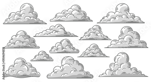 Collection of Fluffy Cumulus Clouds in Various Shapes and Styles