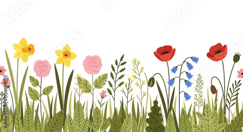 Seamless Pattern of Blooming Wildflowers and Green Grass, Summer Meadow Floral Border