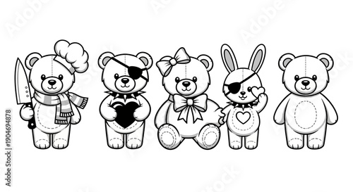 Cute Teddy Bears and Bunny Characters with Accessories, Vector Art