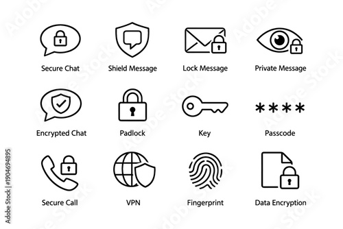 Secure communication icons with lock, shield, padlock, key, and encryption symbols