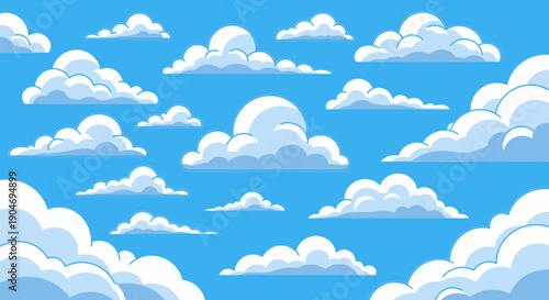 Fluffy Cumulus Clouds on a Bright Blue Sky Background, Vector Art