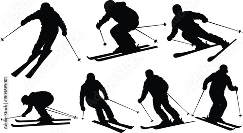 Set of skier silhouettes in dynamic downhill skiing poses isolated on white background, winter sport action collection illustration extreme alpine racing theme