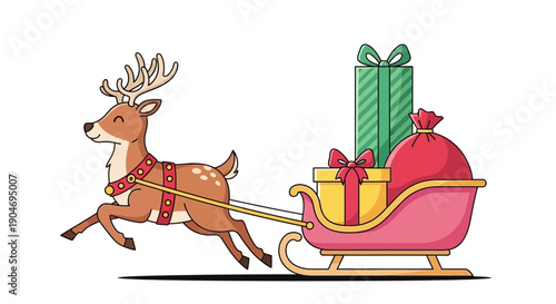 Whimsical Cartoon Reindeer Pulling a Sleigh Laden with Christmas Gifts