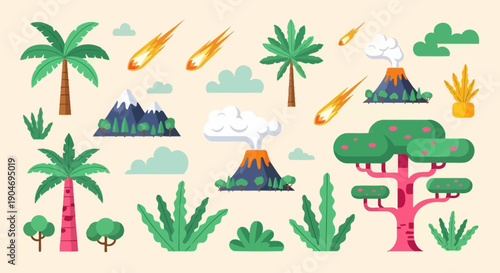 Whimsical Prehistoric Landscape Elements: Volcanoes, Palm Trees, Meteors, Mountains