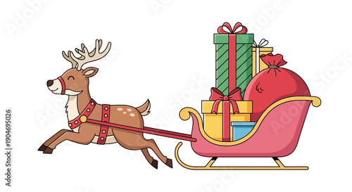 Whimsical Cartoon Reindeer Pulling a Sleigh Full of Gifts for Christmas