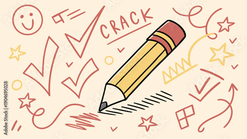 Hand drawn illustration of a yellow pencil surrounded by various red and yellow doodles and marks