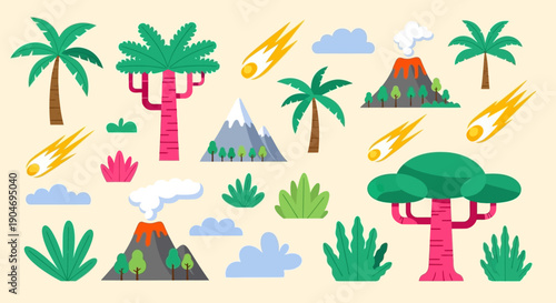 Whimsical Prehistoric Nature Elements, Volcanoes, Meteorites, and Tropical Flora