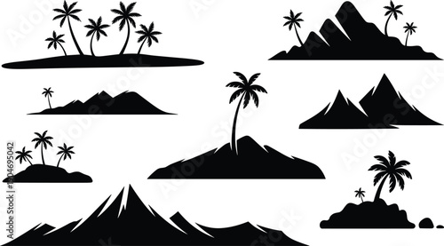 Tropical Island Silhouette Collection Set Isolated on White Background, Palm Trees and Mountain Landscapes for Travel and Nature Design