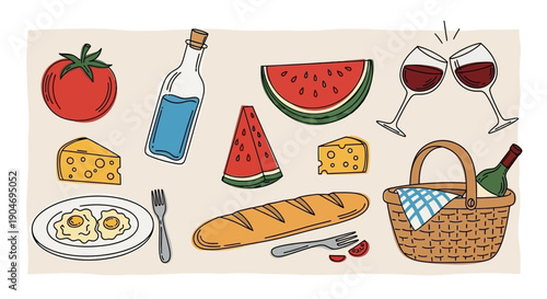 Whimsical Picnic Elements: Food, Drinks, and Basket Vector Art Collection