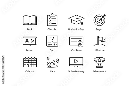 Education icons set: book, checklist, graduation cap, target, lesson, quiz, certificate, milestone, calendar, path, online learning, achievement