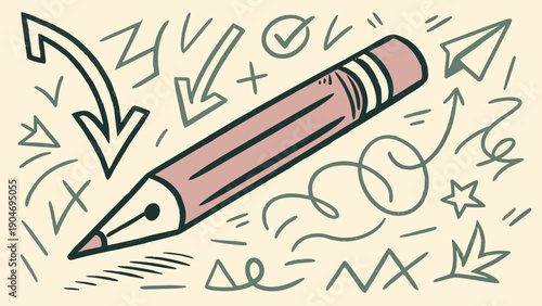 Hand drawn illustration of a pink pencil surrounded by various creative doodles and sketches.