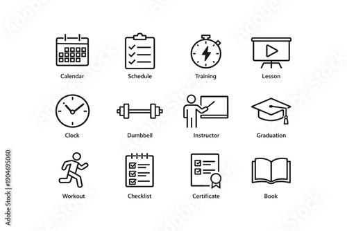 Educational and fitness icons: calendar, schedule, training, lesson, checklist, workout