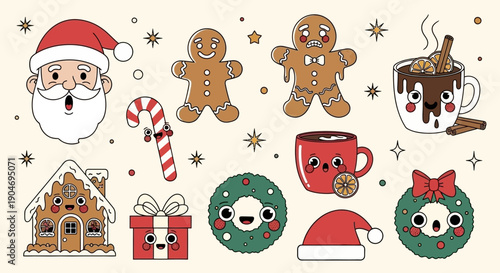 Whimsical Kawaii Christmas Characters and Symbols Collection Vector Art
