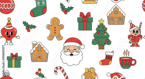 Whimsical Christmas Characters and Symbols Seamless Pattern, Festive Vector Illustration