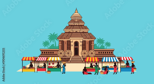 A vibrant illustration of a bustling marketplace situated in front of an ancient temple, showcasing cultural commerce and community interaction under a clear sky