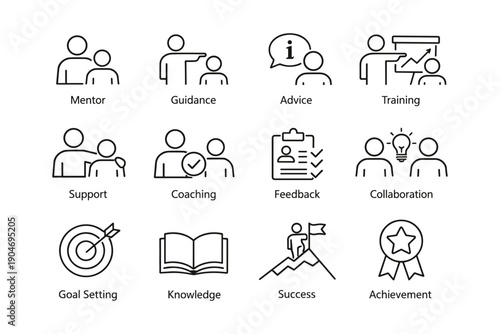 Business training icons: mentor, guidance, advice, and success symbols collection