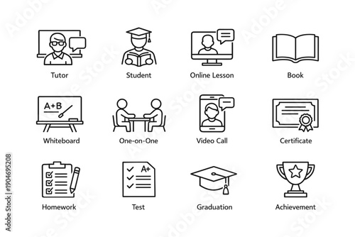 Education and learning icon set featuring tutor and student with graduation and achievement elements