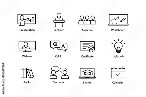 Education and training icons: presentation, lecturer, audience, webinar, certificate, discussion