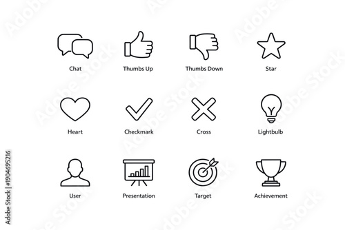 Set of business and communication icons: chat, thumbs, star, heart, checkmark