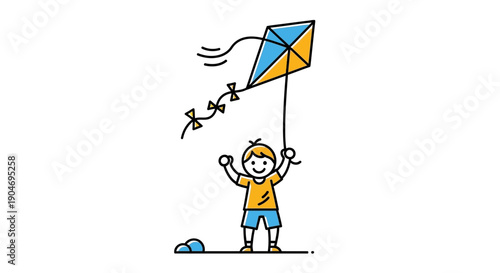 A happy child flying a colorful kite in the sky.