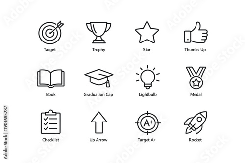 Achievement icons set: target, trophy, star, thumbs up, book, cap, lightbulb, medal, checklist, rocket