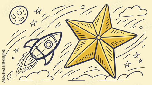 Hand drawn doodle of a rocket ship flying through space past a large yellow star and the moon.