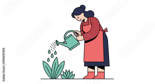 Woman happily watering plants with a watering can in a garden illustration