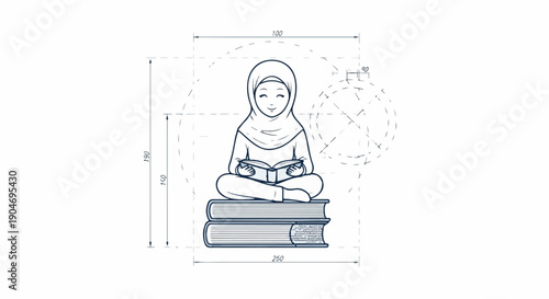 Illustration of a Muslim girl in hijab sitting on books and reading, representing education, knowledge, and learning