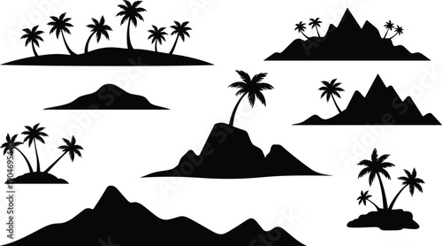 Tropical Island Silhouette Set Isolated on White Background, Palm Tree and Mountain Landscape Shapes for Travel and Summer Design